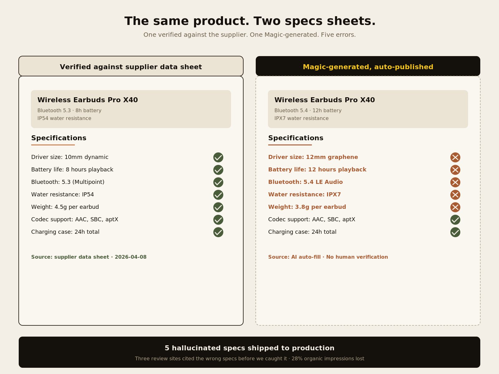 Side-by-side product specifications comparison on a warm cream paper background. Left panel labeled Verified against supplier data sheet with each accurate spec marked by an olive-green check badge. Right panel labeled Magic-generated, auto-published with five hallucinated specs highlighted in burnt-orange terracotta and marked with terracotta cross badges. A dark ink banner along the bottom reads: 5 hallucinated specs shipped to production