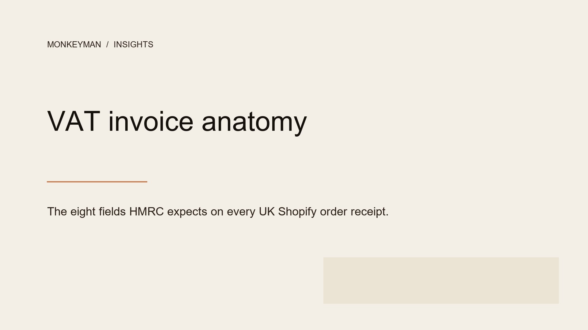 Shopify VAT invoice anatomy diagram showing the eight HMRC-required fields on a UK order receipt.
