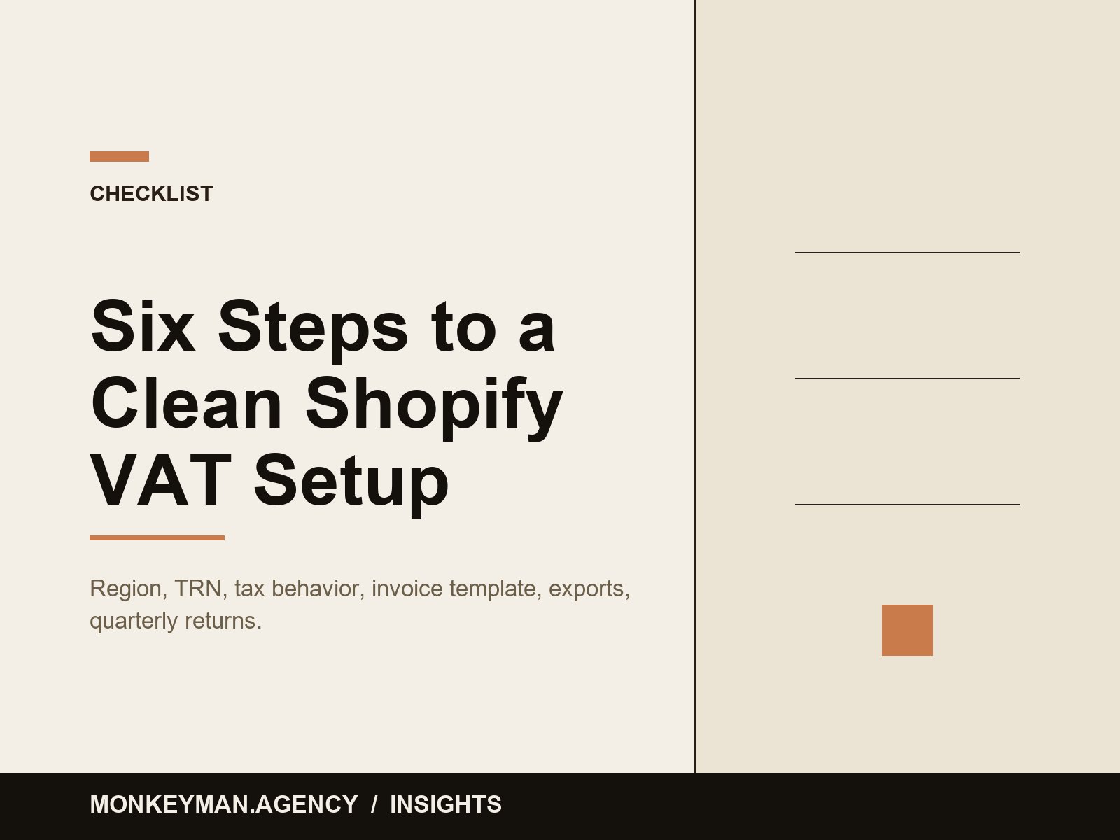 Six-step checklist for a clean Shopify VAT setup in the UAE, from region configuration to quarterly returns.