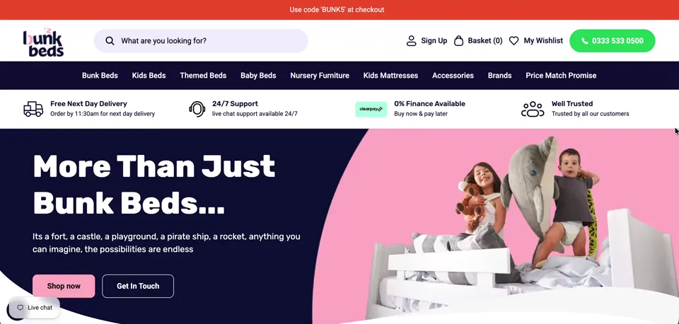 Bunk Beds Shopify storefront homepage