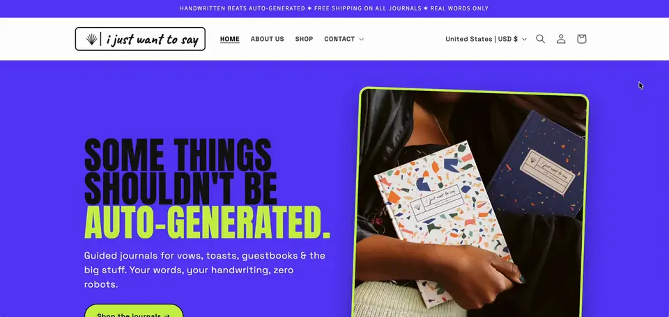 I Just Want to Say Shopify storefront homepage