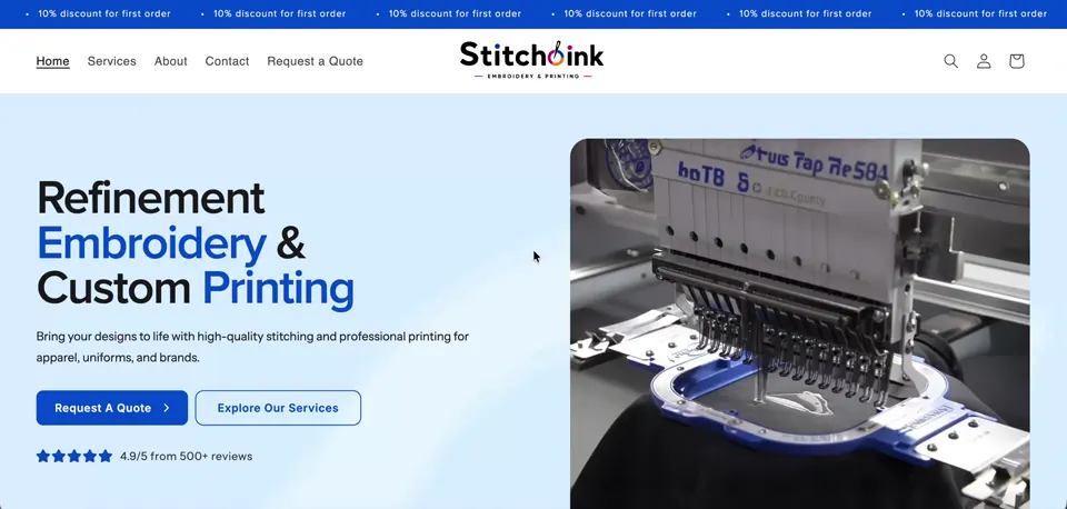 Stitch O Ink Shopify storefront homepage