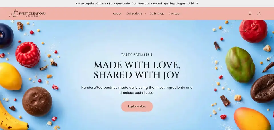 Sweet Creations Patisserie Shopify storefront homepage