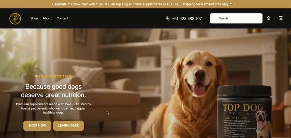Top Dog Nutrition Shopify storefront homepage
